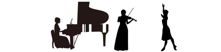 ピアノ・ヴァイオリンの演奏とダンスをする3人の女性のシルエット